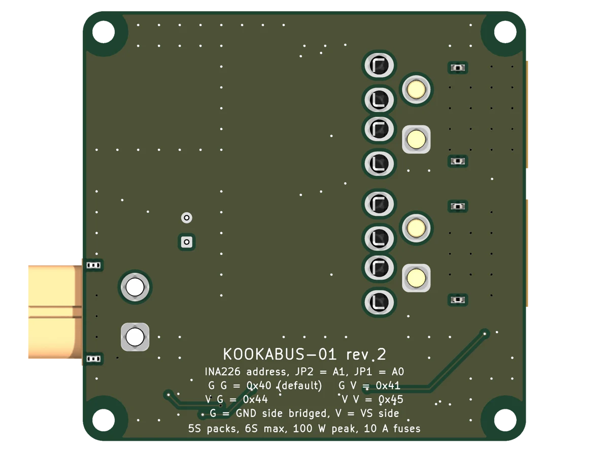 Bottom view of Kookabus-01 showing the ground plane, the through-hole pins and the printed address table