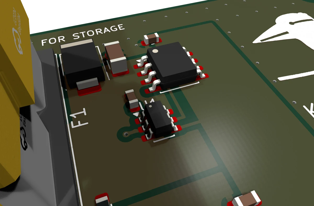 Close-up of the ideal-diode stage: the U1 controller and Q1 FET beside fuse F1