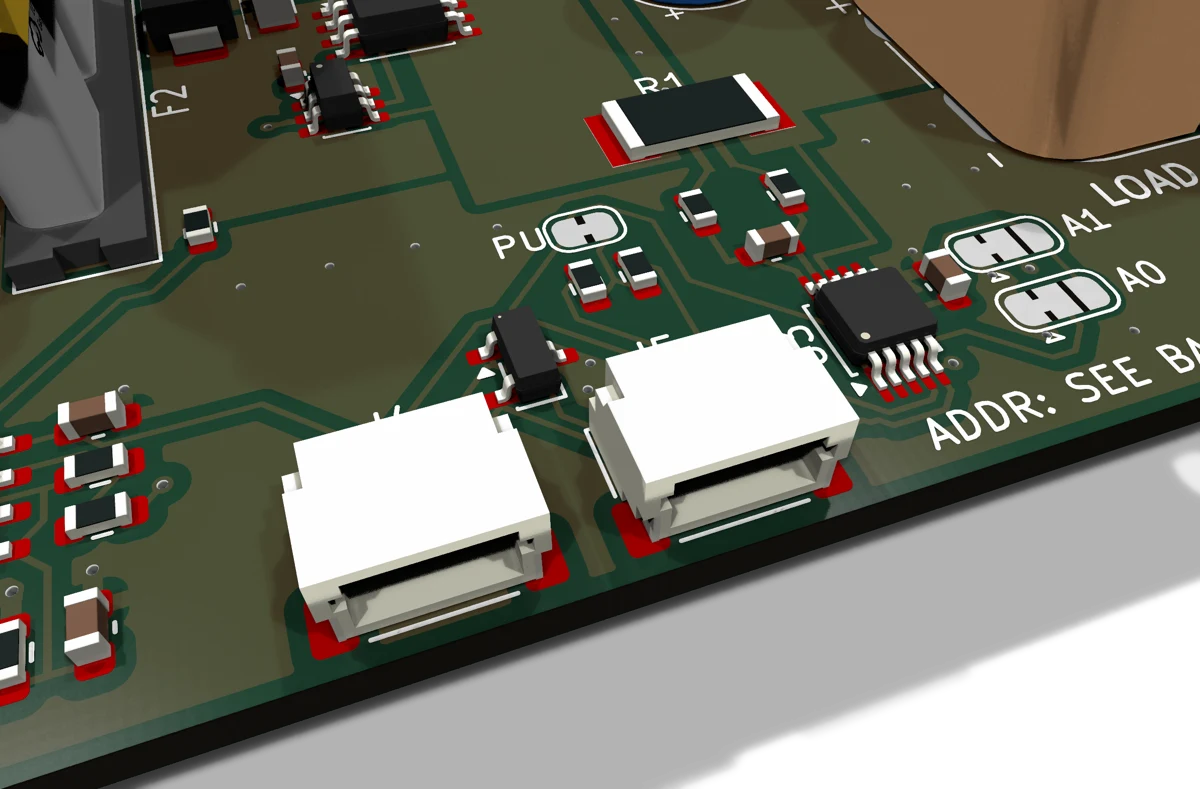 Close-up of the bottom edge: J4 and J5 bus connectors, U3 monitor, PU jumper and A0 A1 address jumpers